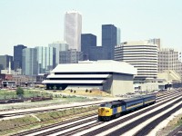 Via FPA4, 6774 train 83 departing Union station . From Toronto Terminal railway track-age to CN Oakville , then Weston carrying over to the Halton and finely by Georgetown onto the Guelph sub to Kitchener and London. A scene carried out several times a day in 1984. A nice prototype Rapido model train. 