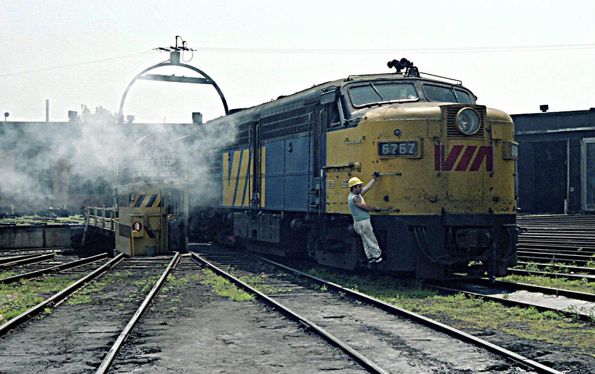 FPA4 6767 has just been turned and is now ready for its next assignment. The sites and sounds of these MLW engines was always entertaining even for the none rail fan.