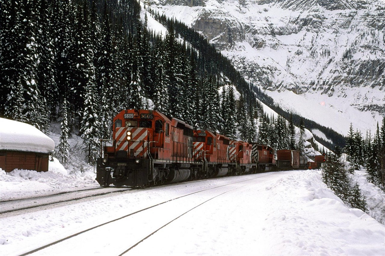 Westbound manifest at Yoho, creeping down the hill into Field. the MOW building at left has been removed. Mount Stephen dominates the background.