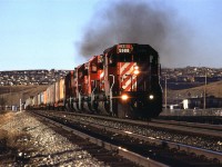 At 1700hrs, this eastbound COFC/TOFC/Auto rack train came through Brickburn. The exhaust suggests that there is some effort being exerted to crest the little rise at this point. 