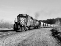 It is possible that this is the "Exshaw Turn" because the head end cars look to be destined for the LaFarge Cement plant. The timing, however, is a little late at 1650hrs (That is 3 to 4 hours late), and 6 axle power is rare to say the least. Perhaps this is a through train that will simple drop the cars in the siding before continuing west.