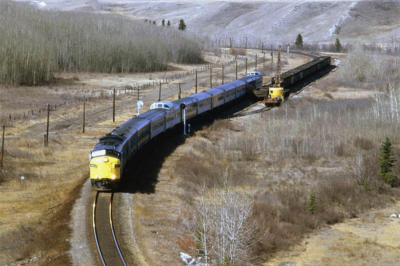 A better view of Mitford siding is had by this elevated view. The abandoned coal mines would have been located in that heavily wooded slope on the left, maybe as far wast as the conifers.
Mitford is also a junction with the Copithorn Spur, an 8.9 mile steep and twisted piece of railroad that leads to a sulphur plant. I suppose that there were unit train that would load there but I never saw one, nor did I have a radio to get the heads-up as when I might try to catch one. Bing Maps has a detailed photo of the facility, and currently (2016), it looks like they are shipping liquid products, perhaps sulphur and LPG?
