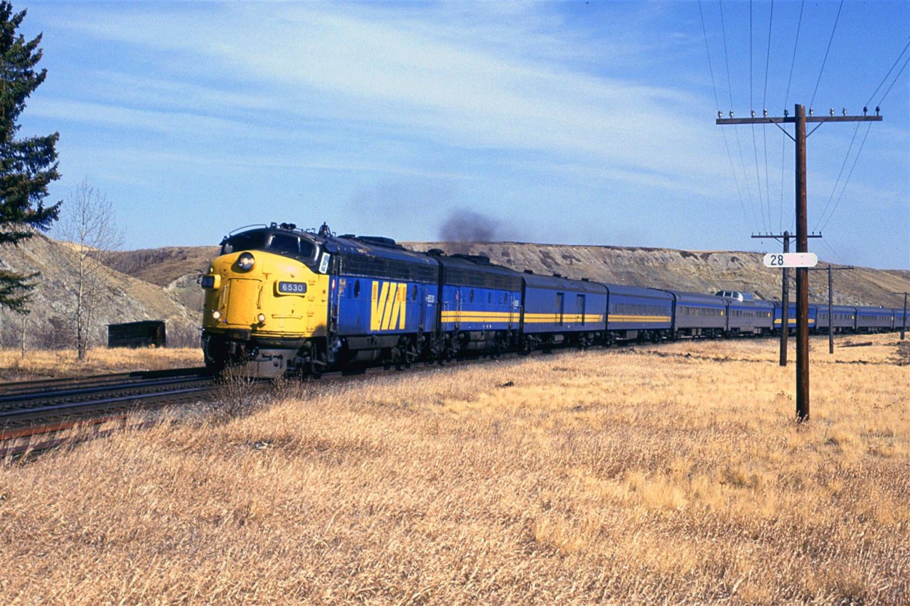 The westbound "Canadian" is near the west switch for Mitford siding, exactly 28 RR miles from downtown Calgary.
I do not know what the structure in the background was - maybe associated with the coal mines or related to a ranch.