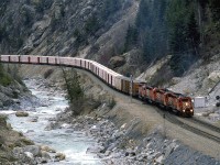 An eastbound wood products train is at the west switch of Glenogle, a few miles east of Golden BC. Water levels in the Kicking Horse River are still quite low, an indication that not much snow is melting in mid April.