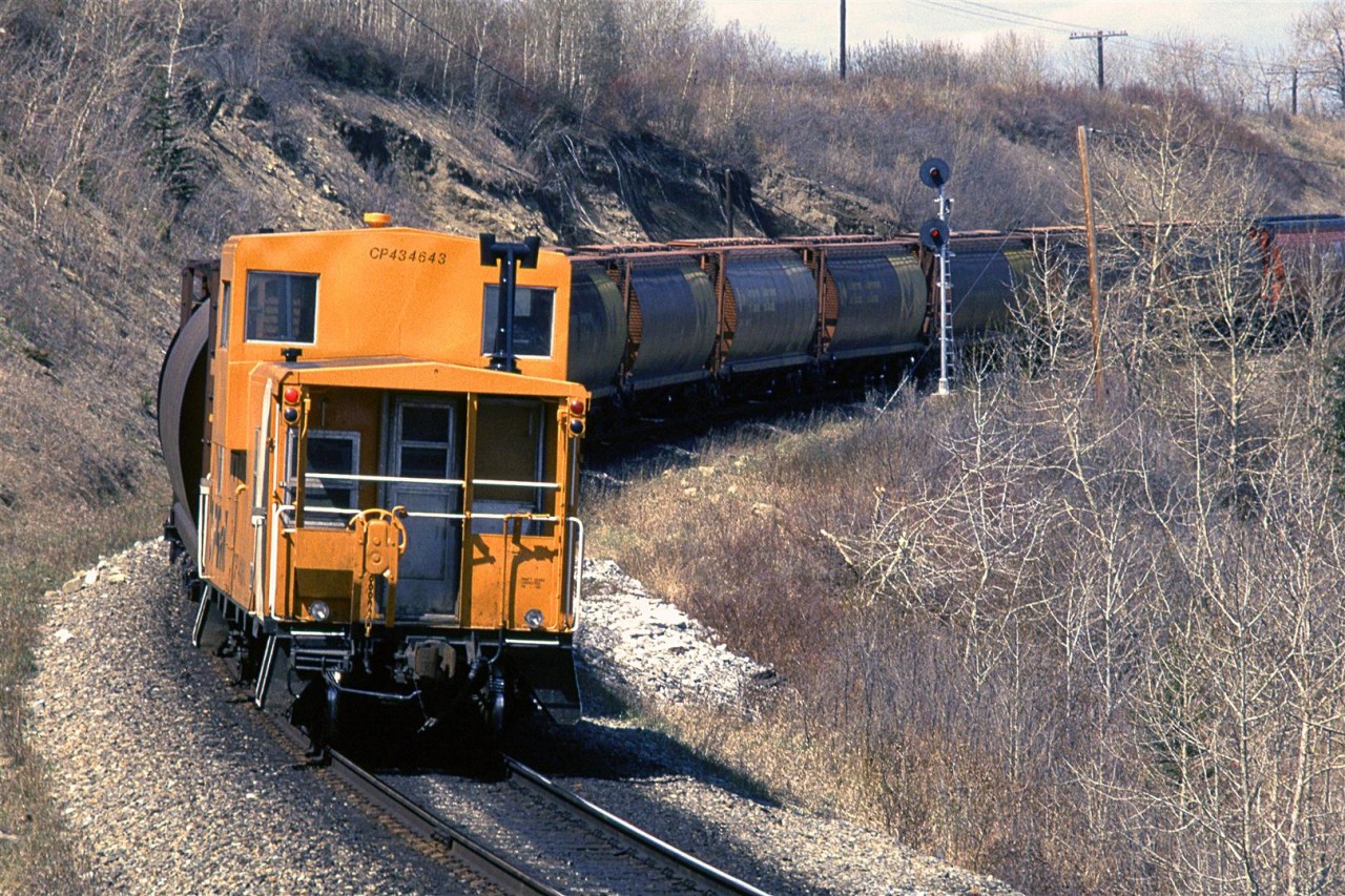 CP's cabooses were like their motive power- all the same, but attractive nonetheless. This one is on the tail of a westbound grain train in west Calgary