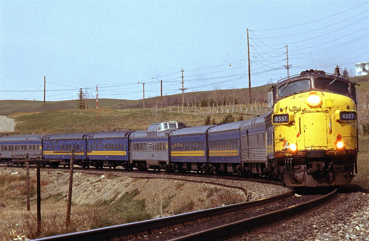 A rather beat up FP9-A lead this day's eastbound "Canadian" as it approaches the Bow River crossing in west Calgary.