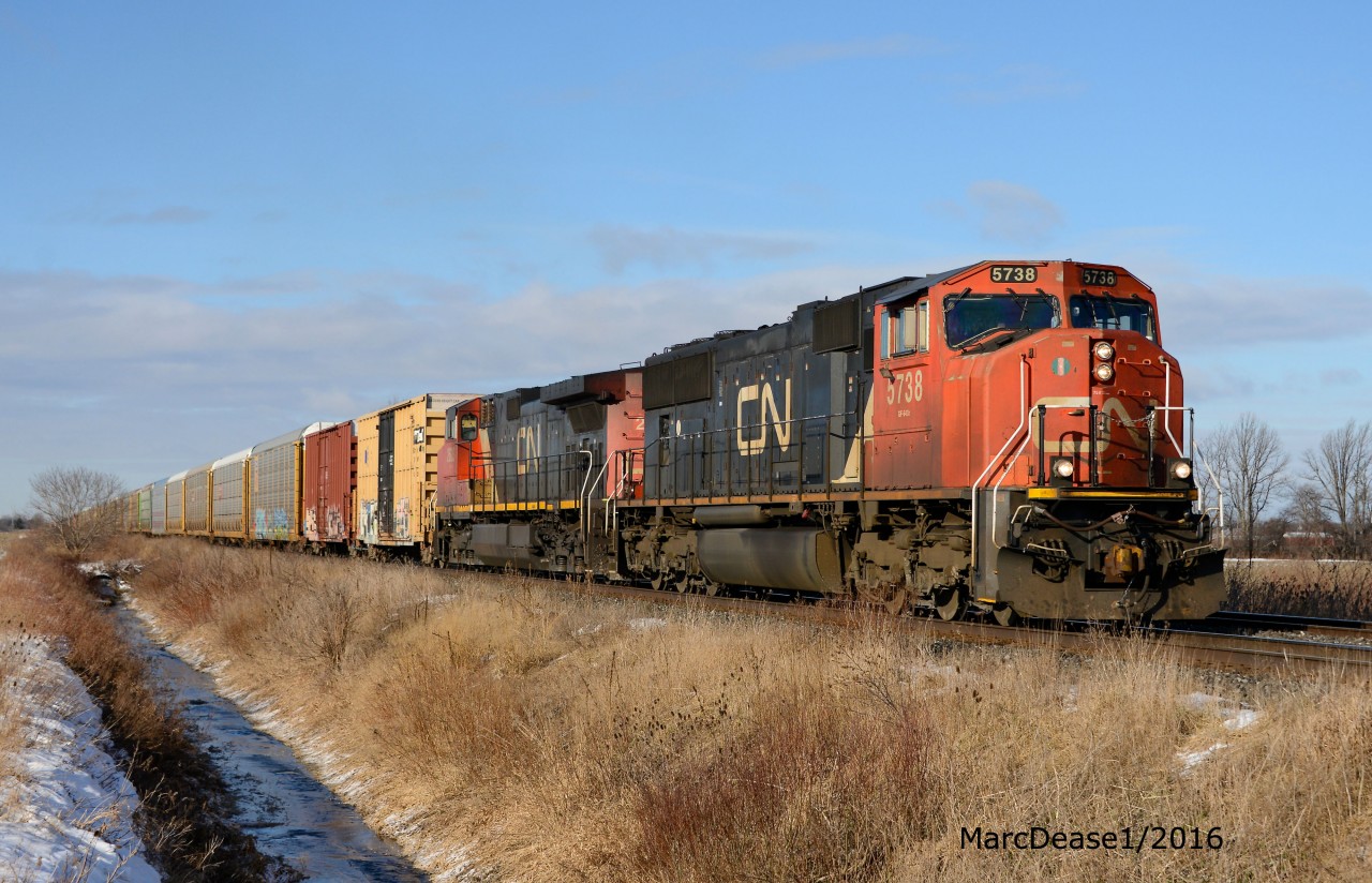 Train 382 heading east out of Sarnia at Waterworks Sideroad with CN 5738 and CN 2623.