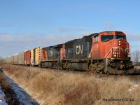 Train 382 heading east out of Sarnia at Waterworks Sideroad with CN 5738 and CN 2623.