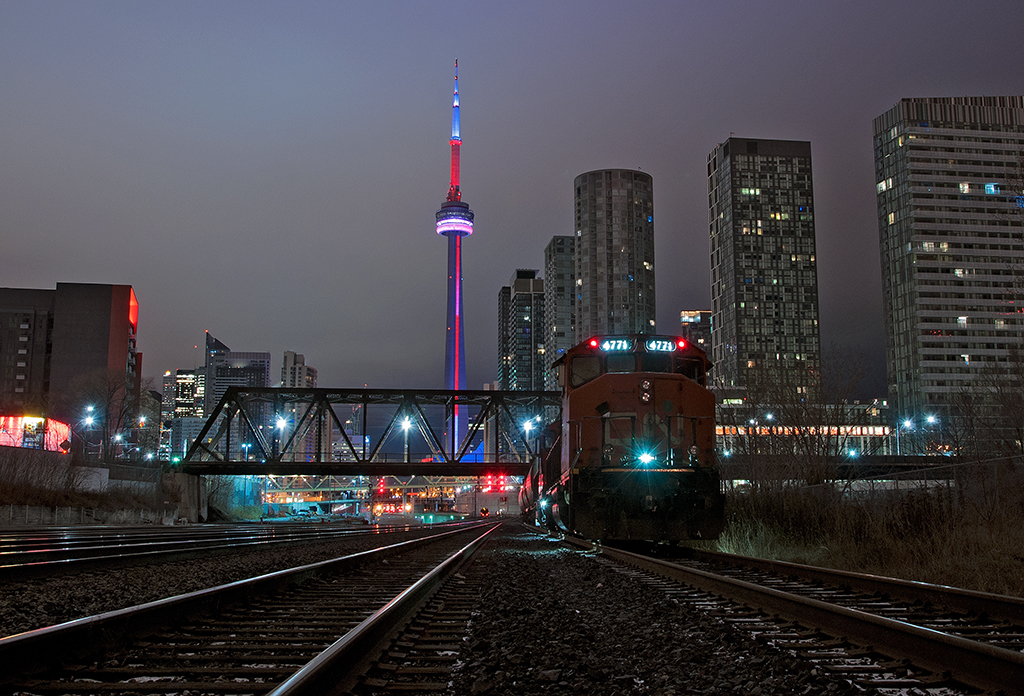 We sit for a quick one on the south connecting track at Fort York after a night of pulling and spotting customers at Mimico and Downtown Toronto.