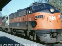 CP train 903 is passing Oshawa depot with leased B&LE 717, GP-9 8707 and an FA-1.