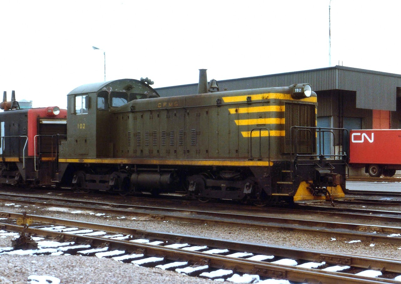 This unit, CFMG 102, was seen one day with a CN switcher in Hamilton yard.  I had no idea what it was, so wandered in for a photo or two. I don't expect any excitement over this image, but rather am appealing to those in the know out there to tell me something about this unit. Mainly, whose was it?? The CFMG as we know it, the "Chemin de fer de la Matapedia et du Golfe" according to the CTG did not come into existence until 1998, but this photo predates that event by 18 years. There must have been more of these on some roster somewhere.