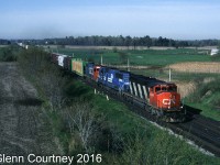 CN SD40-2W 5349 leads train #390 under Governor's Road approaching Lynden, Ontario. Trailing units are  Conrail SD50 6753 and a GTW GP38. 