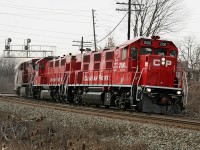 CP 440 usually had interesting power, and today was no exception.  CP Genset test units CP 2100 and CP 2101 team up with AC4400CW 9608 to power the Windsor to Toronto manifest through Streetsville.