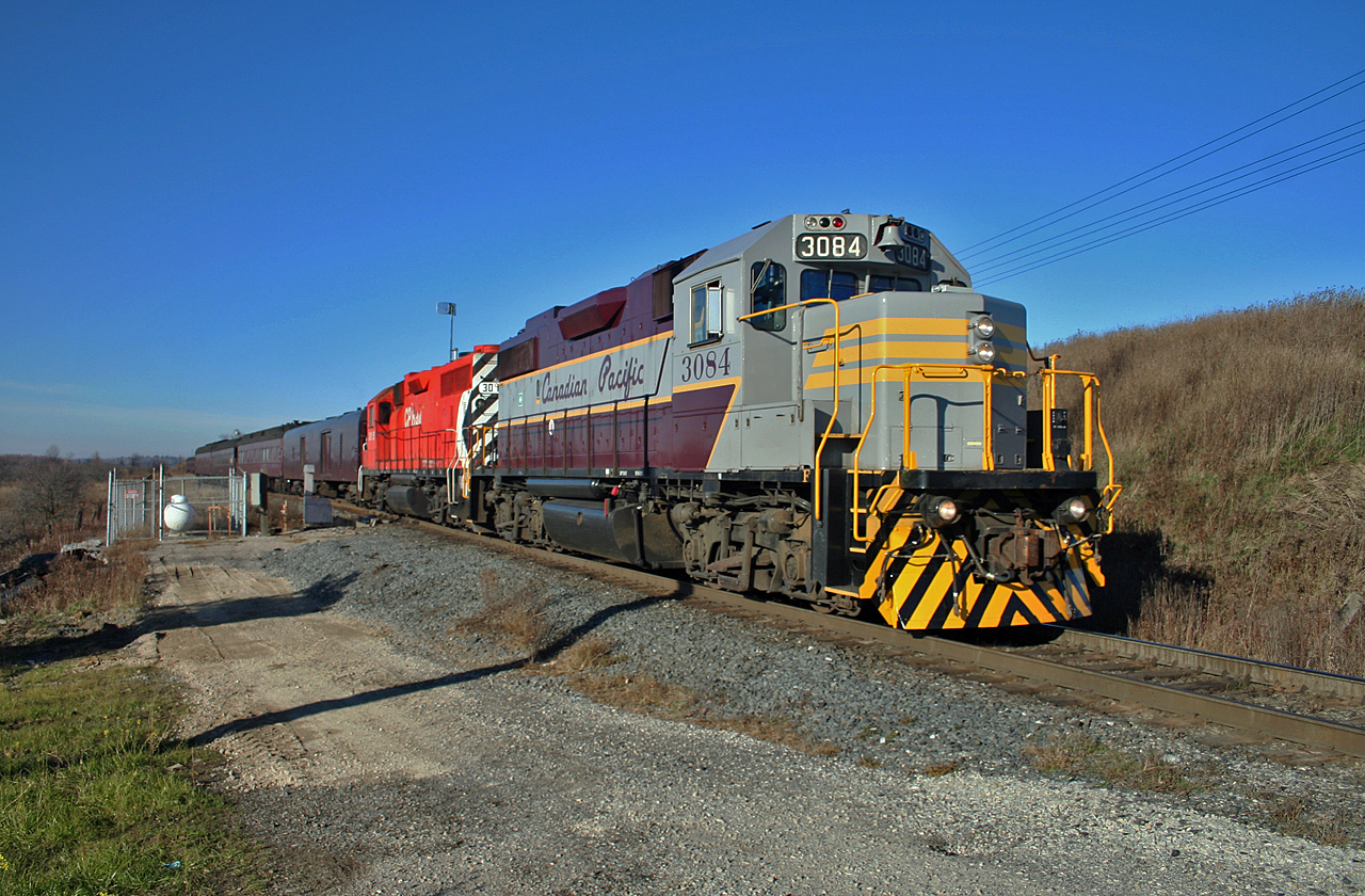 CP 40B pulls out of the siding track at Elder, heading back to Toronto after touring the Vaughan Intermodal Terminal.  CP 3084 and CP 3015 provided the horsepower for this 10 coach business train.
