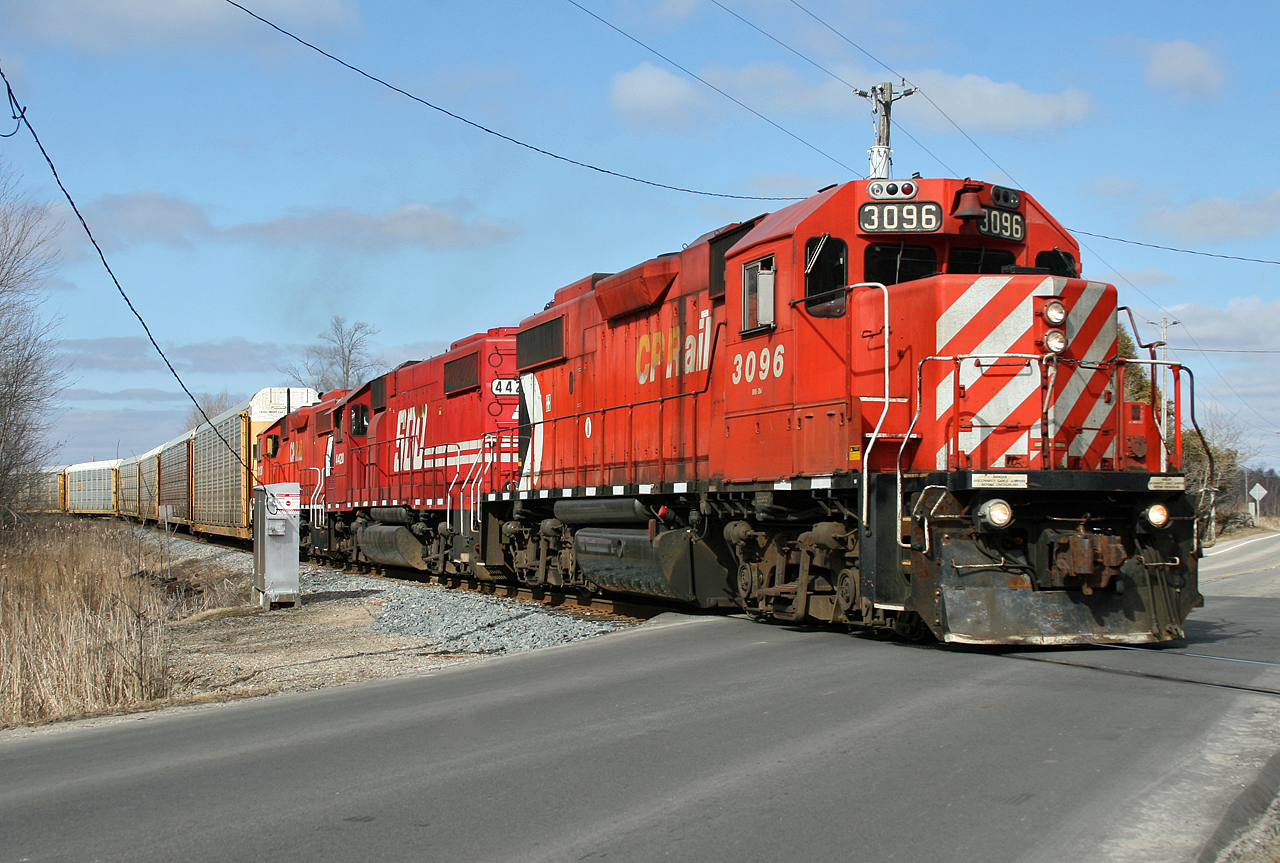 CP 540, The Hamilton Turn begins the final leg of their London to Hamilton journey, having just entered the Hamilton Sub at Guelph Junction with CP 3096, SOO 4420, CP 3128 providing the horse power.