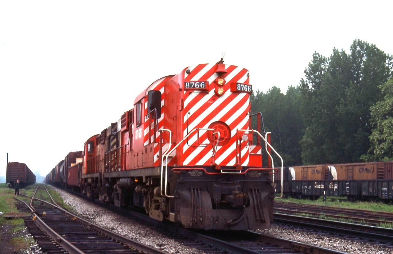 CP RS18 8766 leads an eastbound freight bound for Agincourt yard