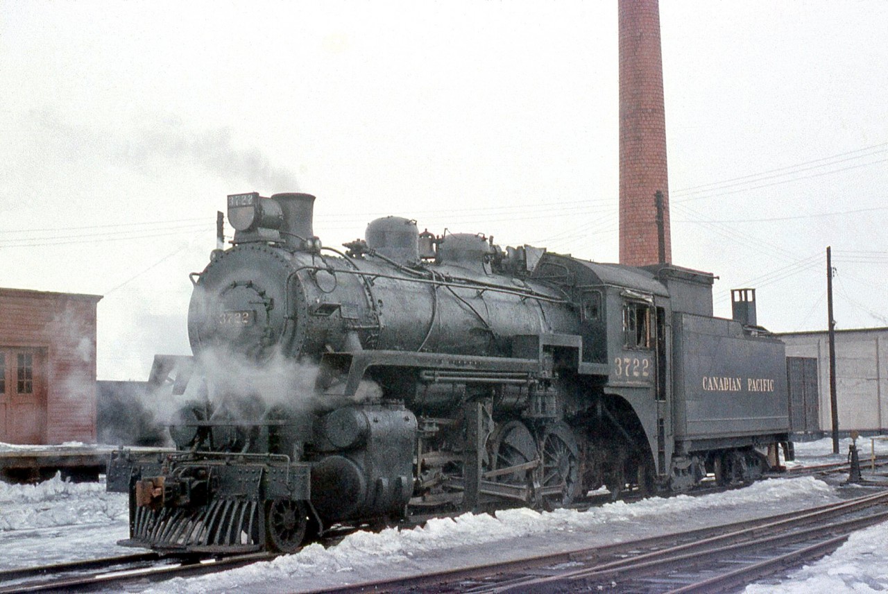 Canadian Pacific N2b-class 2-8-0 3722 is shown at Port McNicoll, during a steam excursion stopover. This engine would later become the last CPR steamer to leave Port McNicoll a little over a month later on April 30th 1960, the final day of regular freight steam service on the CPR. 3722 was scrapped a few months later in September of 1960.The steam excursion that day featured Royal Hudson 2857 operating from Toronto to Port McNicoll - I recall this excursion as being on a very dull winter day, and on the runpasts in some areas sinking into the lineside snow up to my hips.Also photographed that day at Port McNicoll was 2-8-0 3632: http://www.railpictures.ca/?attachment_id=21826
