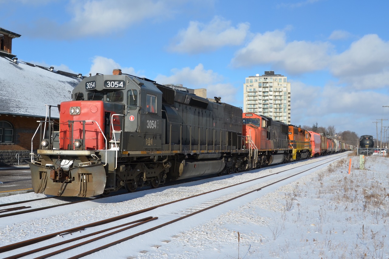 Knowing CN 5686 was providing horse power for the out of service GEXR 3393, I made use of my 2 hour break between class. Here 431 is passing the Guelph VIA station on a frigid, winter afternoon.