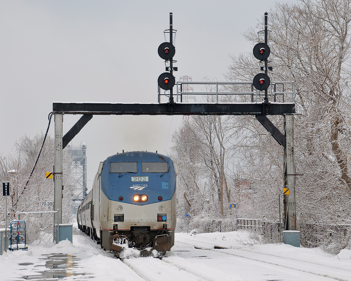 Winter wonderland. AMTK 202 leads the southbound Adirondack towards its station stop at St-Lambert. Sticky snow is covering the trees all around.