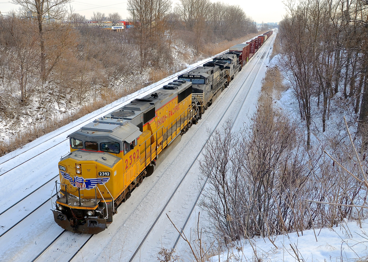 A winged triclops in Montreal. A rare for Montreal UP SD60M which has had the UP wings added to its nose (UP 2392, ex-UP 6237) is leading two NS Dash9's (NS 8978 & NS 8992) on CN 529 as it approaches its terminus of Taschereau Yard with just 23 cars in tow.