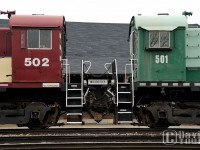 <B>DAY ONE.</b><br><br>
OSRX 502 and 501 rest outside Woodstock station on the first day of operations on the St Thomas Sub. The crew had just delivered a string of autoracks to the CP at Jellicoe and now have lunch inside the old CP depot. Once their lunch break is complete they will grab some auto racks to return to CAMI before returning the power to Salford and calling it a day.