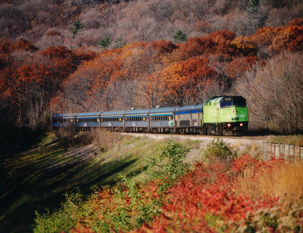 In 2007 there were about a dozen VIA locomotives running around with various advertising wraps on them. This one, TELUS, on VIA 6429 was rather colourful; and although this was just an everyday train, #70 coming east just after 0900; the hillside and the locomotive colour gave this shot a bit of pizzazz. The location, on the downbound curve from Dundas as the track comes up to Mile 2; is mostly overgrown now and photography here is tight and difficult. And the last "wrap" I recall seeing was the CFL scheme on 6445 in 2012. As far as this ad program goes, well, I guess its a wrap.