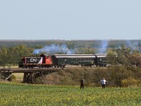 To celebrate the completion of renovations on Northern Pacific built station at Miami Manitoba, the local historical society brought in the PDC train and a loaned CN SW1200RS (CN would not allow 4-4-0 3 on Winnipeg to Morris section). The excursions ran west from Miami to Somerset and is pictured here on the loop climbing out of the Red River valley via the Pembina escarpment.