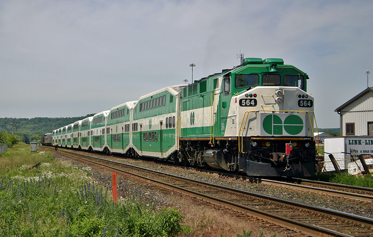 GO 564 brings up the rear of CP Business Train 40B.  The excursion train operated from Toronto Union Station, up the Galt Sub to Milton with the CP 2816, CP Business Cars and a 10 car set of GO Coaches with F59PH 564 on the tailend.  At Milton, the GO equipment was left by the 2816, who took off for Welland while the GO equipment operated back to Union Station.