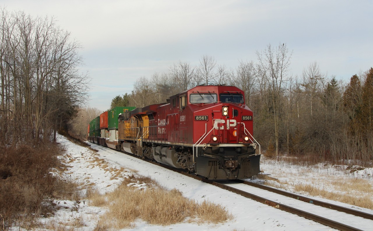 CP 8561 leads UP 5545 out of Guelph Junction and down the Hamilton sub up to Side Road #3 with a mixed manifest of containers, tankers and auto racks.