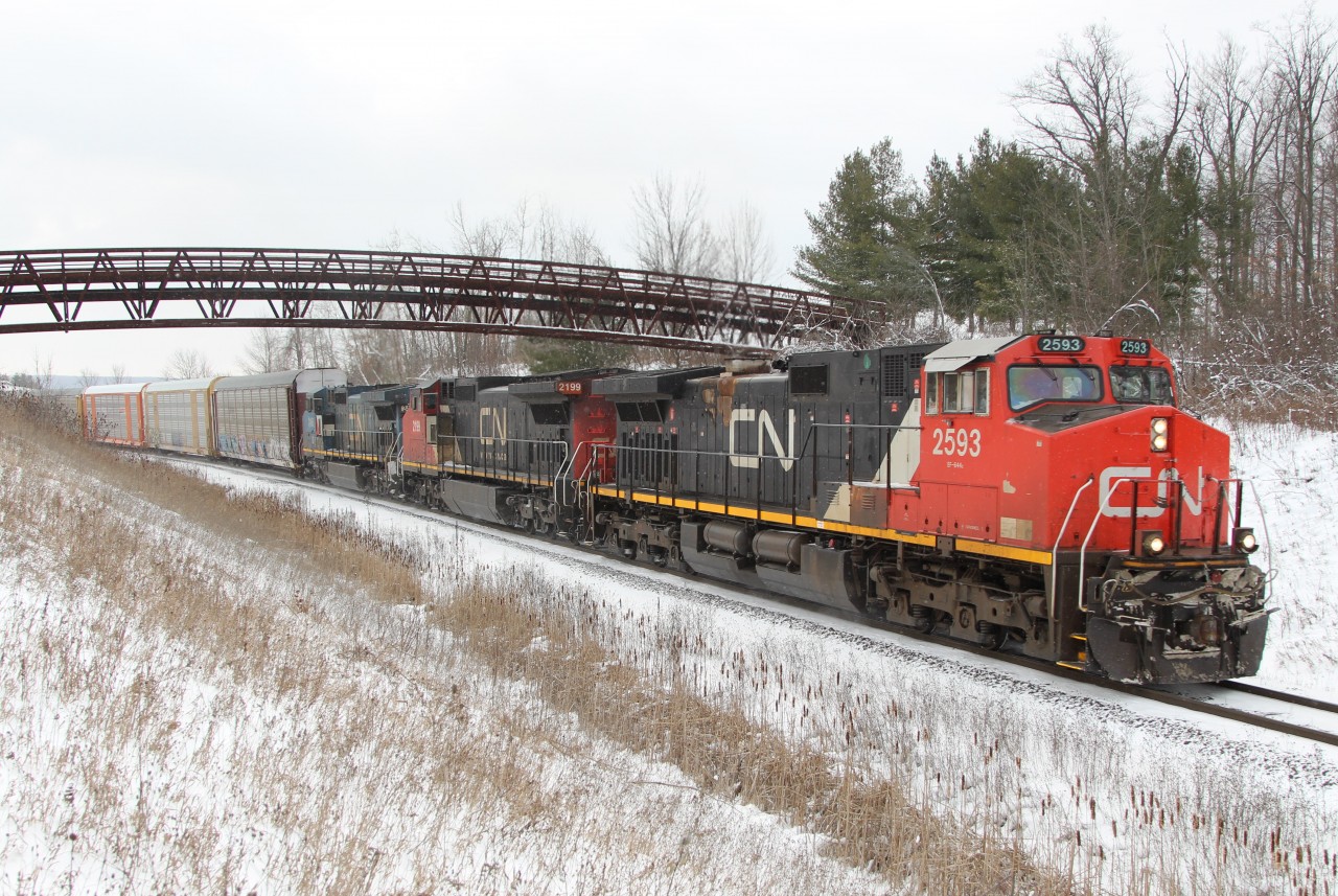 On a very cold afternoon, CN 2593 leads CN 2199 and CN 2466 around the bend and under the Glencairn golf bridge as they are about to cross #10 Sideroad and pass MM30 on the Halton Sub.