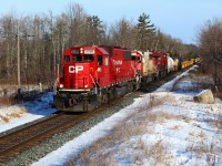 After coming up the Hamilton sub, Ex SOO CP 6245 leads SOO 6037 and CP 8835 up the grade and past MM43 on the Galt sub. Its always nice to see a SOO in its original colour scheme and have the sun shine.