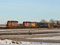 Lash-up switching in Clover Bar Yard comprises GP38-2 CN 7526, YBU-4m 526, and GP38-2(W)'s CN 4778 and 4765.