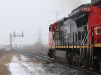 Heavy snow flurries are rolling through Milton as CN train 398 takes the siding at Mansewood. Train 435 has been given the highball and it won't be long before 398 is back on the move again and Toronto bound.