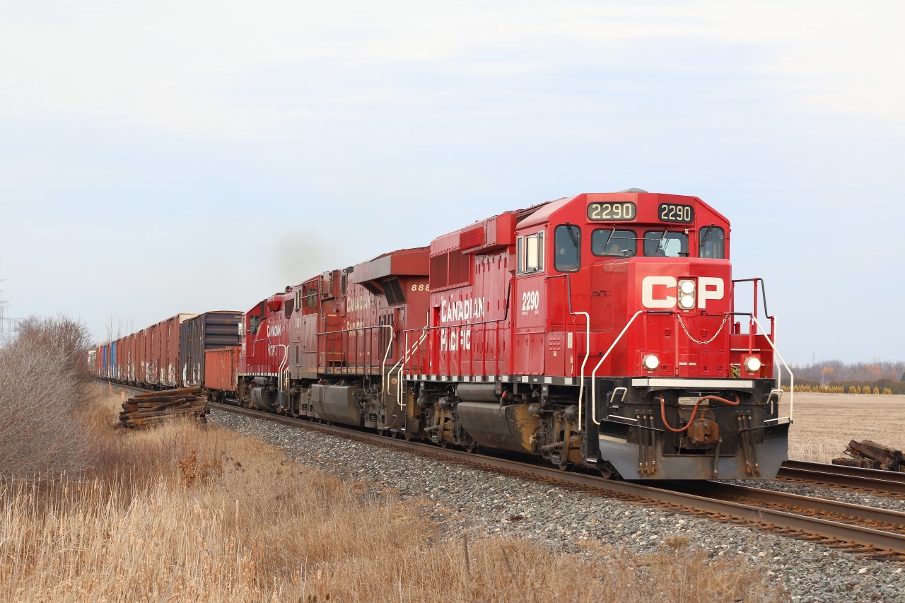 A second CP 241 with ECO GP20 2290 and GP38 3076 bracketing AC4400 8888 storm out of Hornby after stopping at the Expressway yard to inspect a hot wheel, after getting caught by the detector.