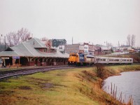 ONR 1801 with the 6 days per week passenger train coming up to the old Cobalt station. I liked this train because it was about the only thing thru here that kept a schedule. Alas, it no longer runs, having been sliced and diced and spit out by the Liberal government near the end of September 2012. Just another nail in the coffin of the North. The government doesn't care, after all, the North does not compound to very many votes. And that is the name of the game.  The station? It currently is a museum, if I remember correctly. Cobalt is steeped in mining history, the still thriving town is well worth a visit.