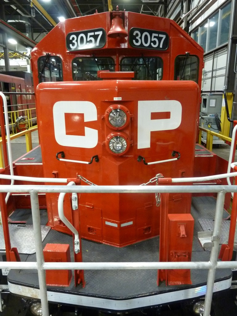 Fresh off overhaul, GP38-2 3057 sits inside the Agincourt diesel shop on track five awaiting its first inspection.