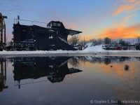At the end of a day's chase one often reflects on the moments and photographs collected. I spent the day along Highway 8 between Stratford and Goderich chasing a plow west, and a train east. What was the best moment and did you pull off 'that photo'? 581 has reached their home terminal at Stratford, the sunset is indicating a Sailors delight and I capture a reflection of Plow 55413 in a small pond - to cap off a great day.