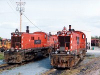 The WHRC started up on the 27th of August, 1994 generally in order to provide a method of transportation for the product of two local gypsum mines. The roster at start up consisted of a dozen old RS-23s, discards from the CP. In this photo two of them, 8042 and 8037(and two in behind), and 8041 with several others can be seen alongside the enginehouse on the extreme right of the photo. Only one unit I know of was painted into a WHRC paint, a plain dark burgundy with the company name on the flanks. This unit, 8046, was used for a tourist train. The RS-23s outlived their usefulness and were all scrapped in 2006. The gypsum mines closed in 2011.