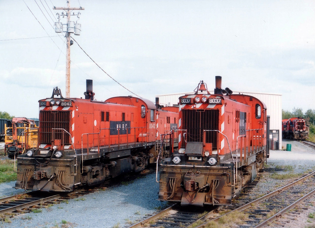The WHRC started up on the 27th of August, 1994 generally in order to provide a method of transportation for the product of two local gypsum mines. The roster at start up consisted of a dozen old RS-23s, discards from the CP. In this photo two of them, 8042 and 8037(and two in behind), and 8041 with several others can be seen alongside the enginehouse on the extreme right of the photo. Only one unit I know of was painted into a WHRC paint, a plain dark burgundy with the company name on the flanks. This unit, 8046, was used for a tourist train. The RS-23s outlived their usefulness and were all scrapped in 2006. The gypsum mines closed in 2011.
