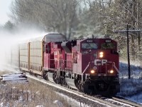 One of only 2 times I caught a 9300 leaving and I picked the wrong spot. After a long wait, fresh snow explodes off the racks as 138 gets back up to speed leaving Galt.