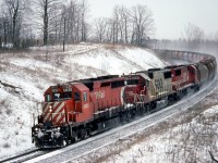 CP 5835 with train 301 in hand at track speed rounding the curves at Ajax, just about to duck under the old wooden bridge at Salem road. Train 301 is an empty grain returning west for another load of the good stuff beer is made from. The east bound loads would be headed to Quebec city for unloading. 