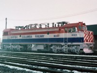 December 1983. Does anybody remember 35mm film, how about shutter release cables and tripods. This photo was taken just before midnight using a Canon AE1 camera on a tripod , with a shutter release cable holding the lens open for 2 minutes. BC Rail 6003 just delivered from GMD. A very rare late afternoon delivery. During there design stage the classic BCR two tone green paint scheme was being considered for these units. Drawings had been made up at GMD for this. But as you can see that,s as far as it got. 