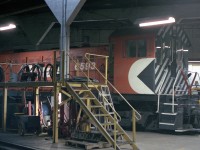  CP S3 6593 sits inside the round house at Quebec street. At this point in time 6700, 6701 and 6593 are assigned to London yard. With about a foot of snow outside and 11 units idling away the warmth and smell of steam heat inside the roundhouse brought a peaceful comfort in the early morning hours Christmas day. 
