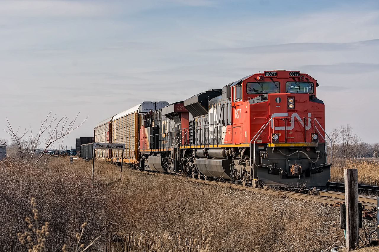 CN 330 with the 8877 in the lead at Blackwell on the Strathroy Sub.