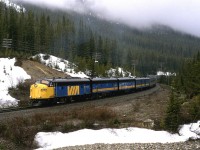 Nearing Wapta Lake, this eastbound "Canadian" will get a short break from the Kicking Horse Grade before the short push to the summit at Stephen. The concrete structure in the foreground may have been part of the old "Big Hill" grade originally used by the railroad and subsequently the Trans Canada Highway.