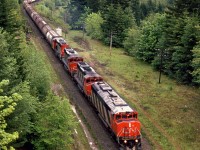 An eastbound grain and potash train is approaching Alexandra Bridge Provincial Park in the Fraser River valley between Hopw and Boston Bar. It was pretty obvious at the time that there was a preference to have the cowled units lead the trains.
