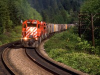 This sun makes a brief appearance on this day, just as this westbound potash train runs along the Yale siding.