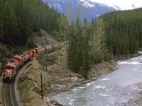 An empty grain train pulls into Field . The Kicking Horse River is swollen somewhat by the Spring thaw.