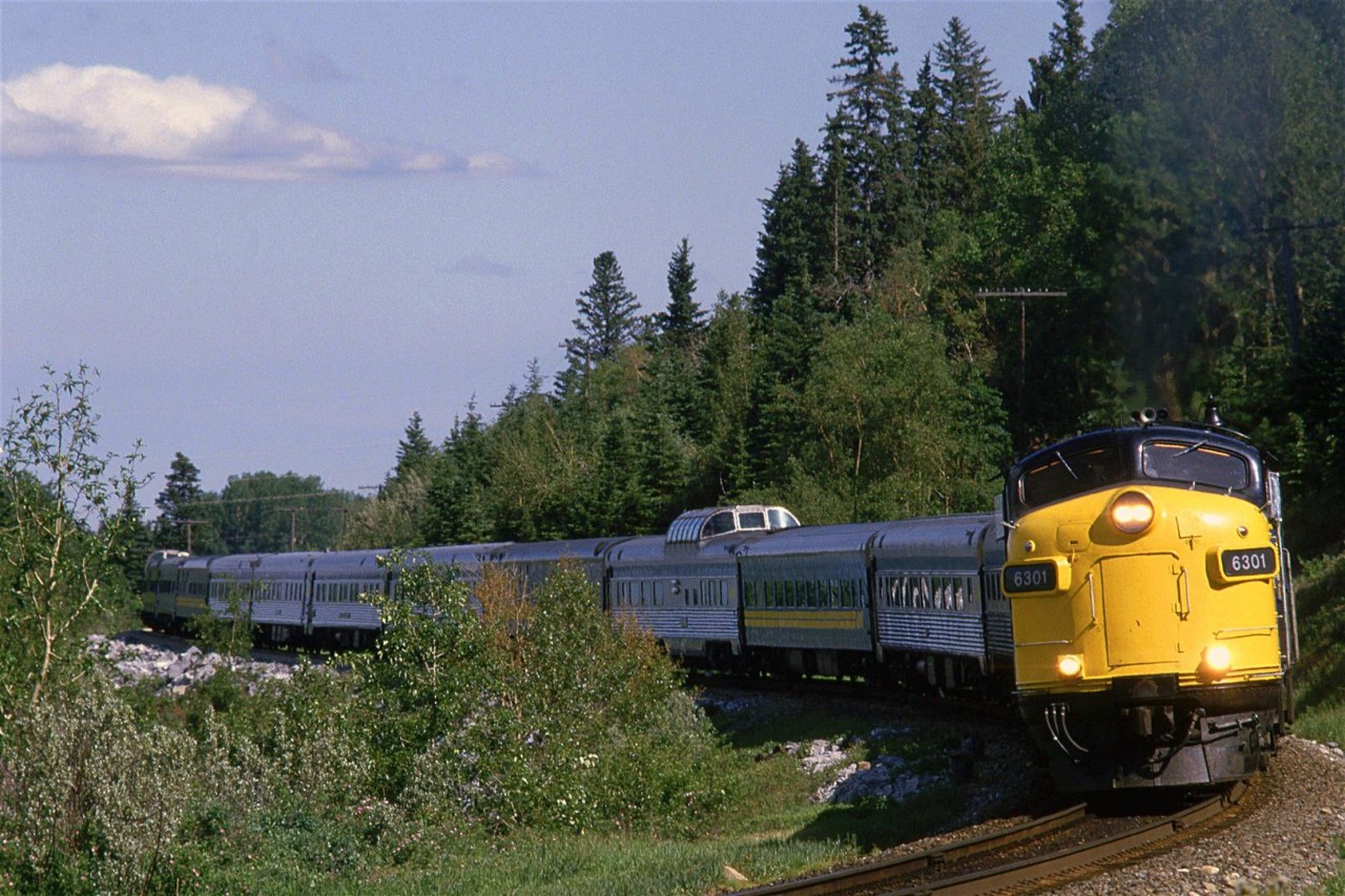 The Westbound "Canadian" rounds the curve just before Birckburn.
This was about as long as the train was during the period that the "Canadian" and "Super Continental" ran under VIA rail.