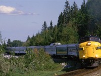 The Westbound "Canadian" rounds the curve just before Birckburn.
This was about as long as the train was during the period that the "Canadian" and "Super Continental" ran under VIA rail.